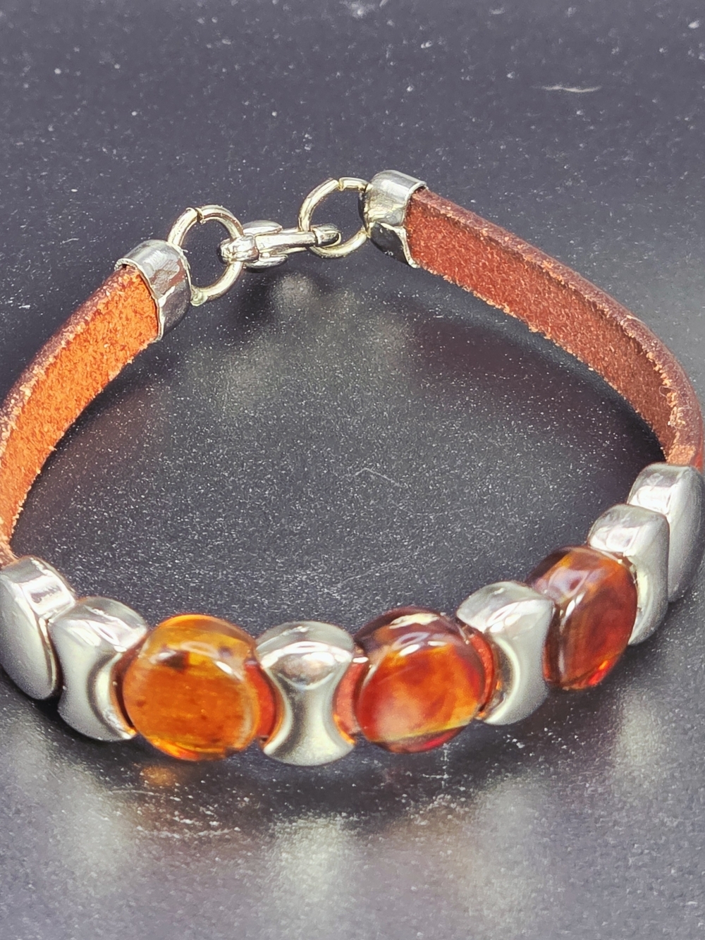 Italian Artisan Leather Bracelet with Amber Glass Cabochons